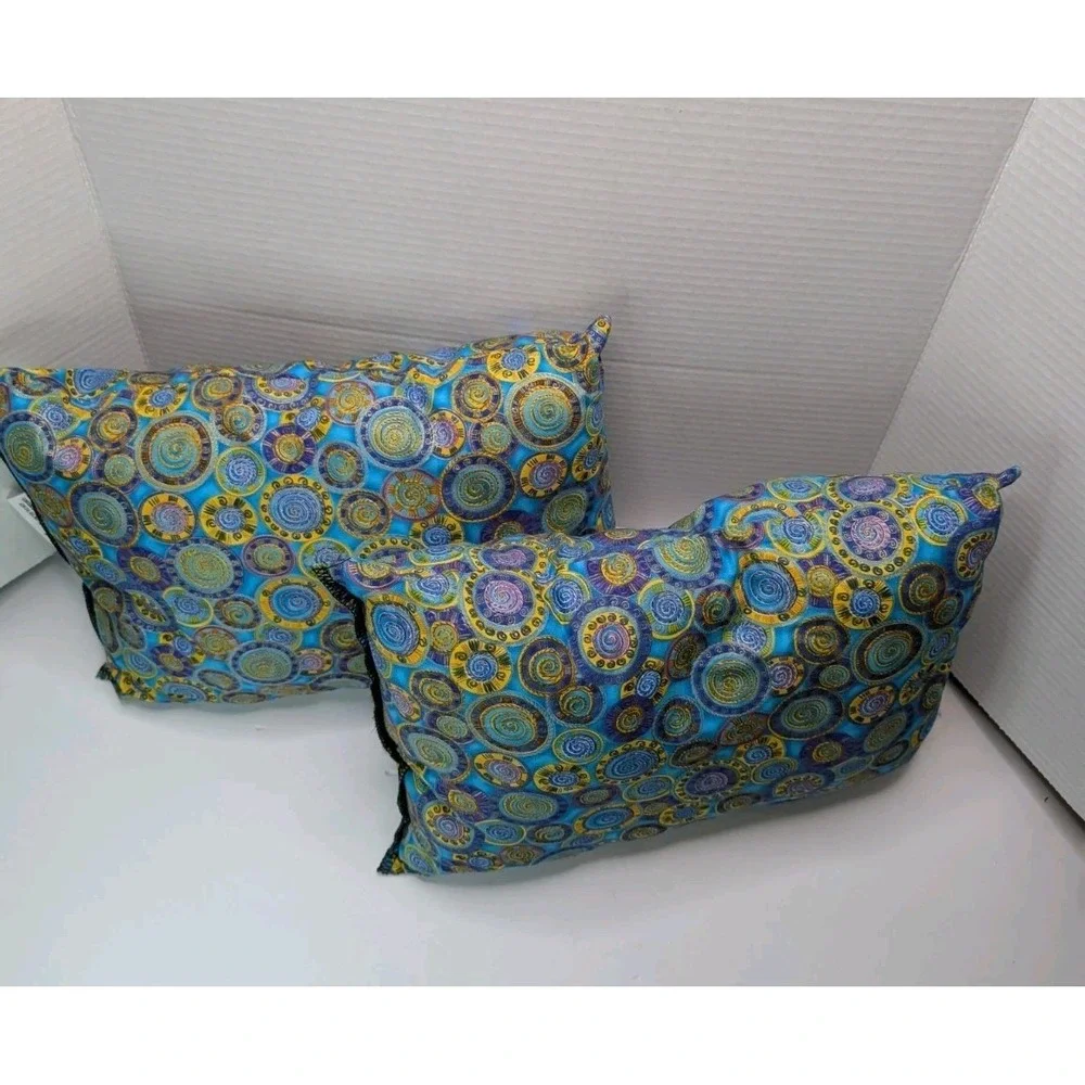 Set of 2 Decorative Pillows 12x16 Blue Gold Boho Swirl Pattern Meditation